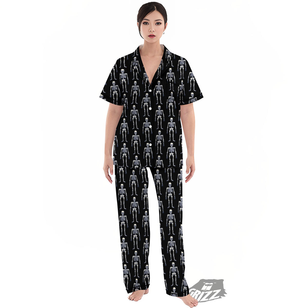 White Skeleton And Black Print Pattern Women's Pajamas Set-grizzshop