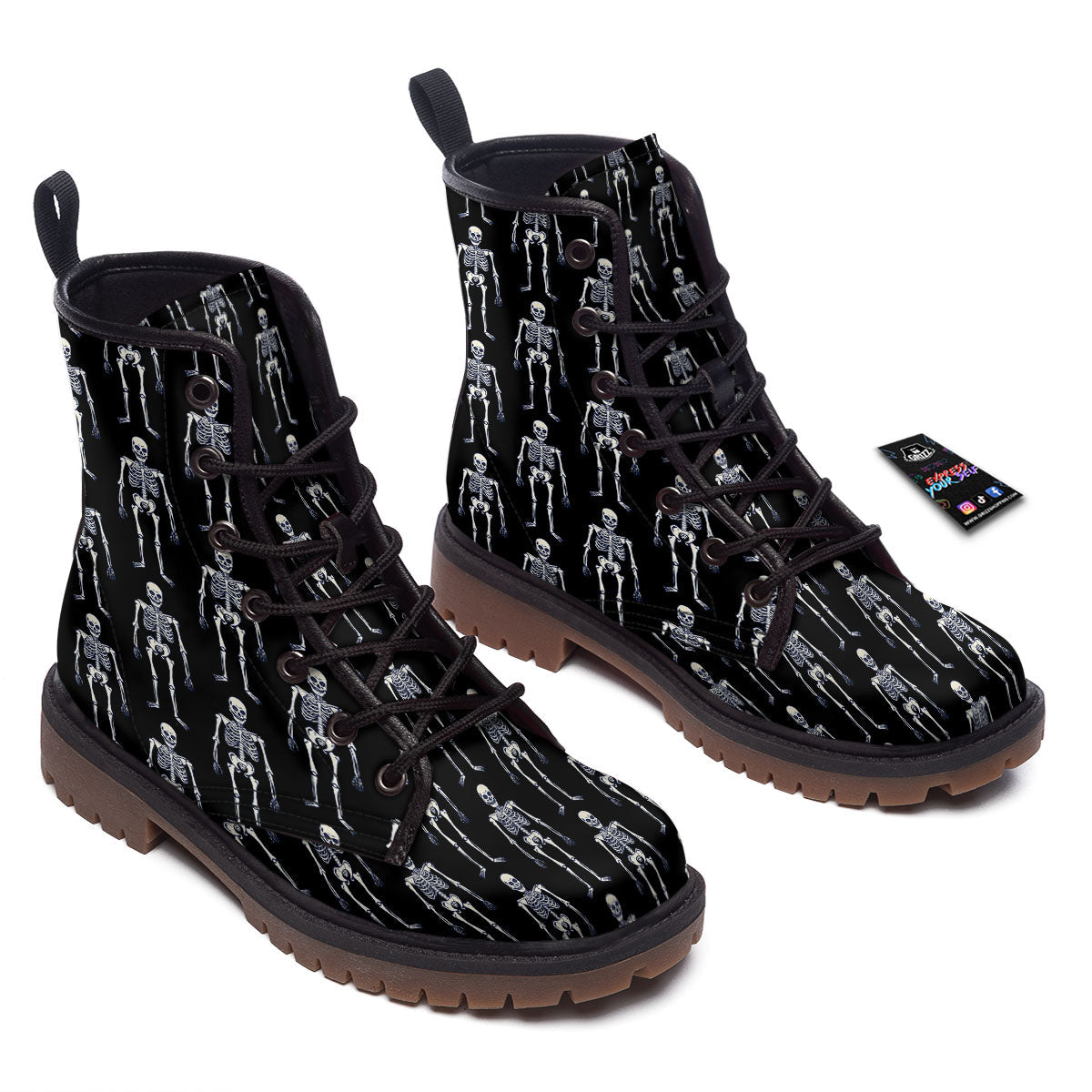 White Skeleton And Black Print Pattern Work Boots-grizzshop