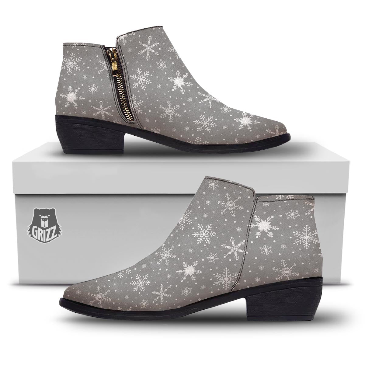 White Snowflake And Silver Print Pattern Ankle Boots-grizzshop