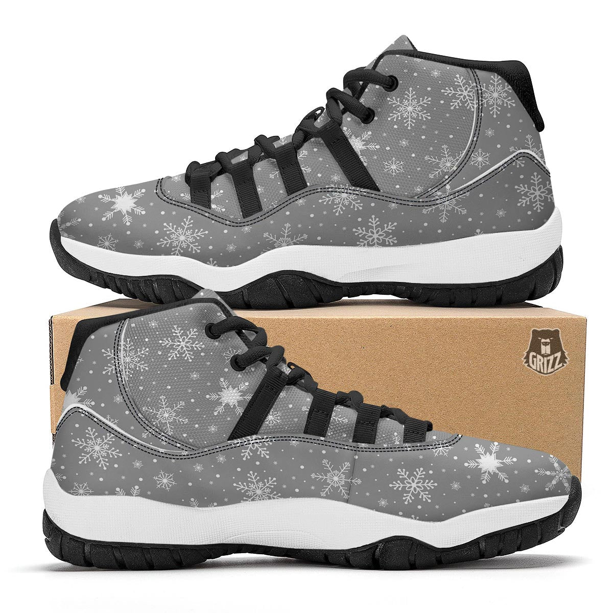 White Snowflake And Silver Print Pattern Black Bball Shoes-grizzshop