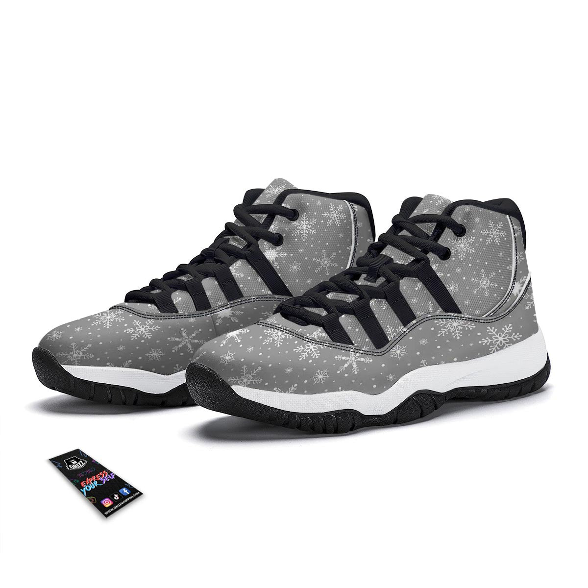 White Snowflake And Silver Print Pattern Black Bball Shoes-grizzshop
