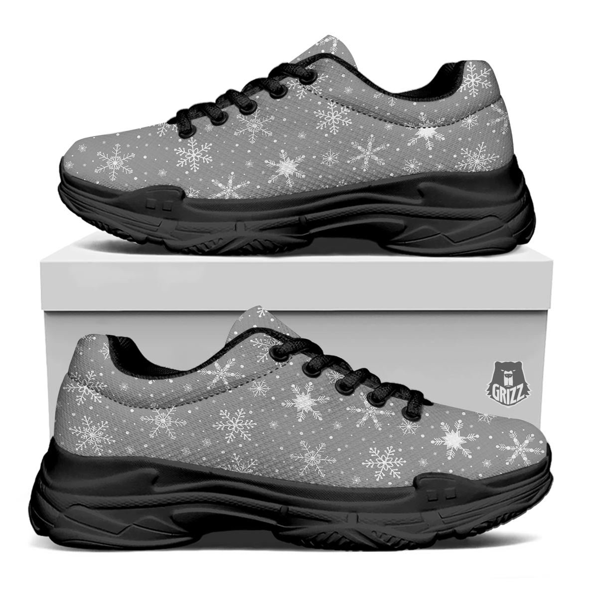 White Snowflake And Silver Print Pattern Black Chunky Shoes-grizzshop