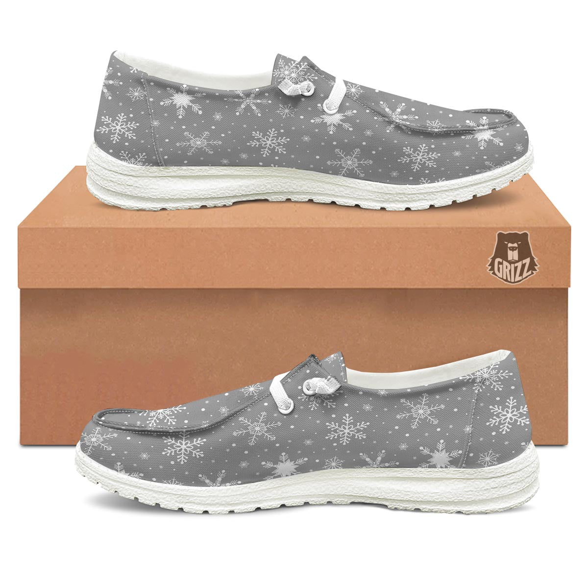 White Snowflake And Silver Print Pattern Black Loafers-grizzshop