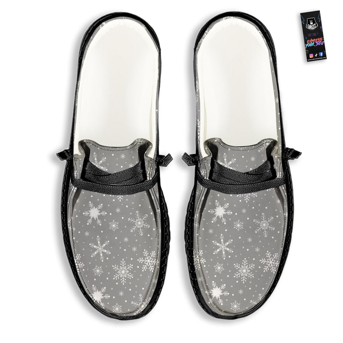 White Snowflake And Silver Print Pattern Black Loafers-grizzshop