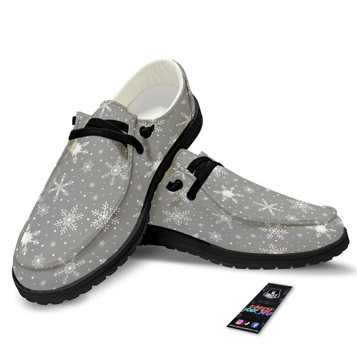 White Snowflake And Silver Print Pattern Black Loafers-grizzshop