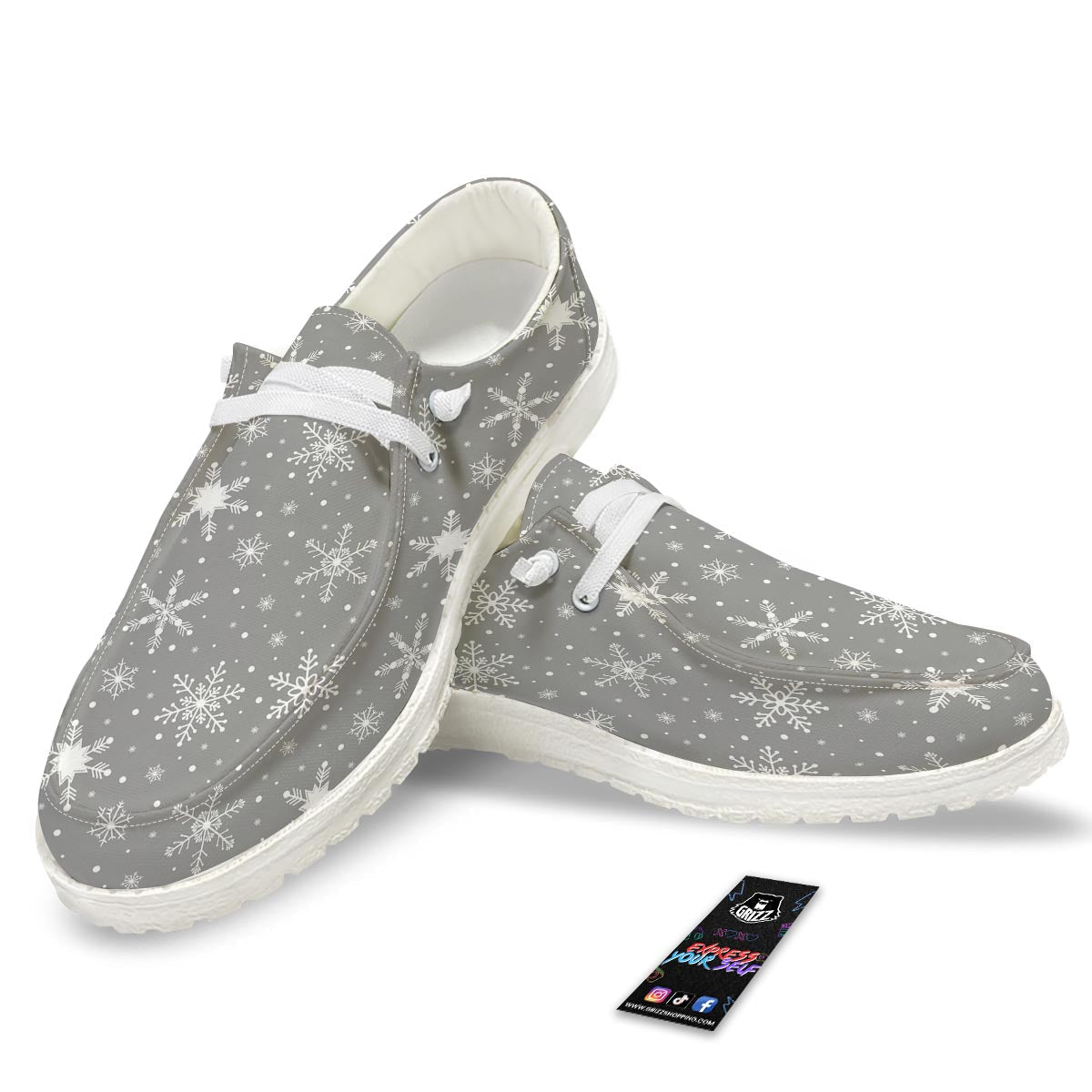 White Snowflake And Silver Print Pattern Black Loafers-grizzshop