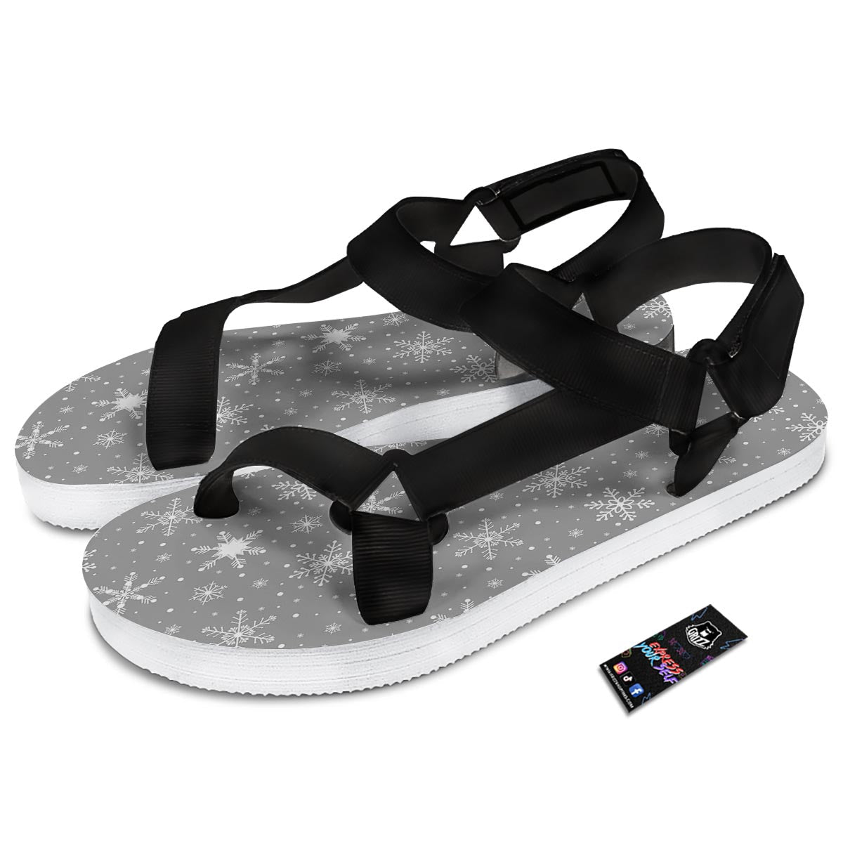 White Snowflake And Silver Print Pattern Black Open Toe Sandals-grizzshop