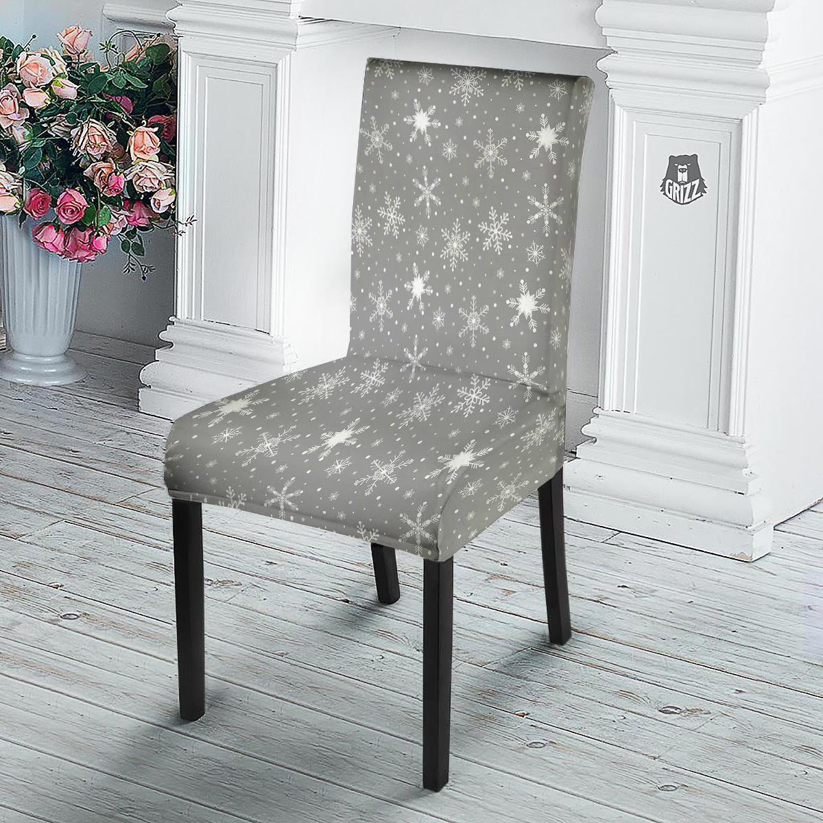 White Snowflake And Silver Print Pattern Dining Chair Slipcover-grizzshop