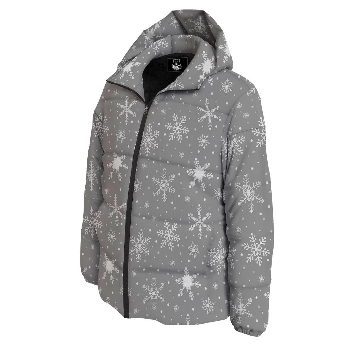 White Snowflake And Silver Print Pattern Down Jacket-grizzshop