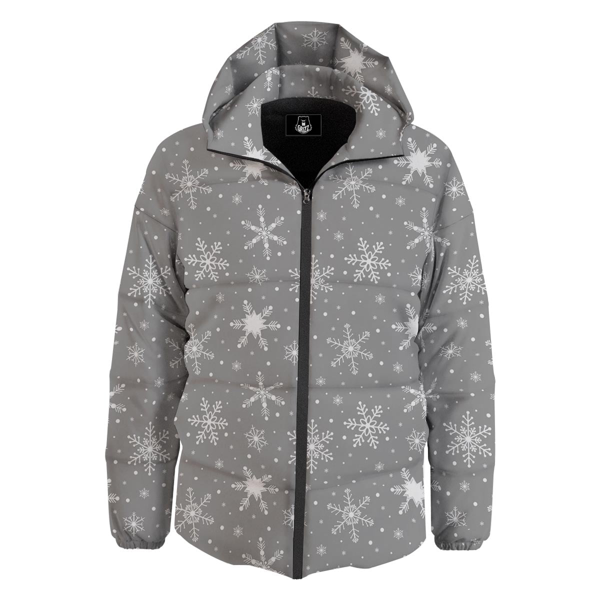 White Snowflake And Silver Print Pattern Down Jacket-grizzshop