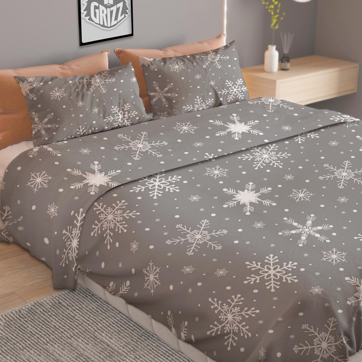 White Snowflake And Silver Print Pattern Duvet Cover Bedding Set