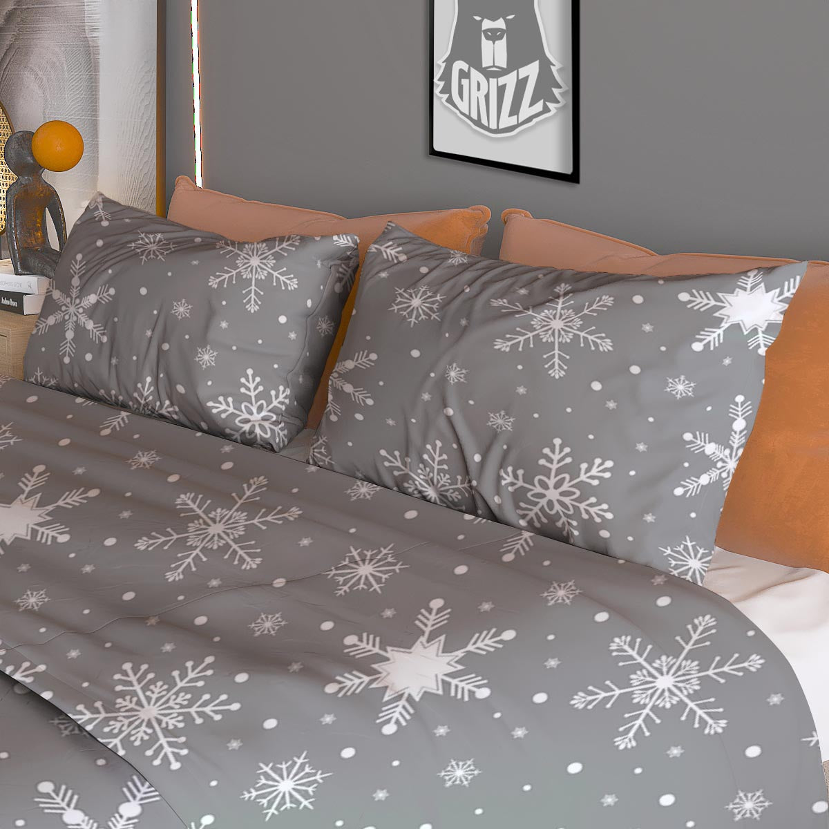 White Snowflake And Silver Print Pattern Duvet Cover Bedding Set