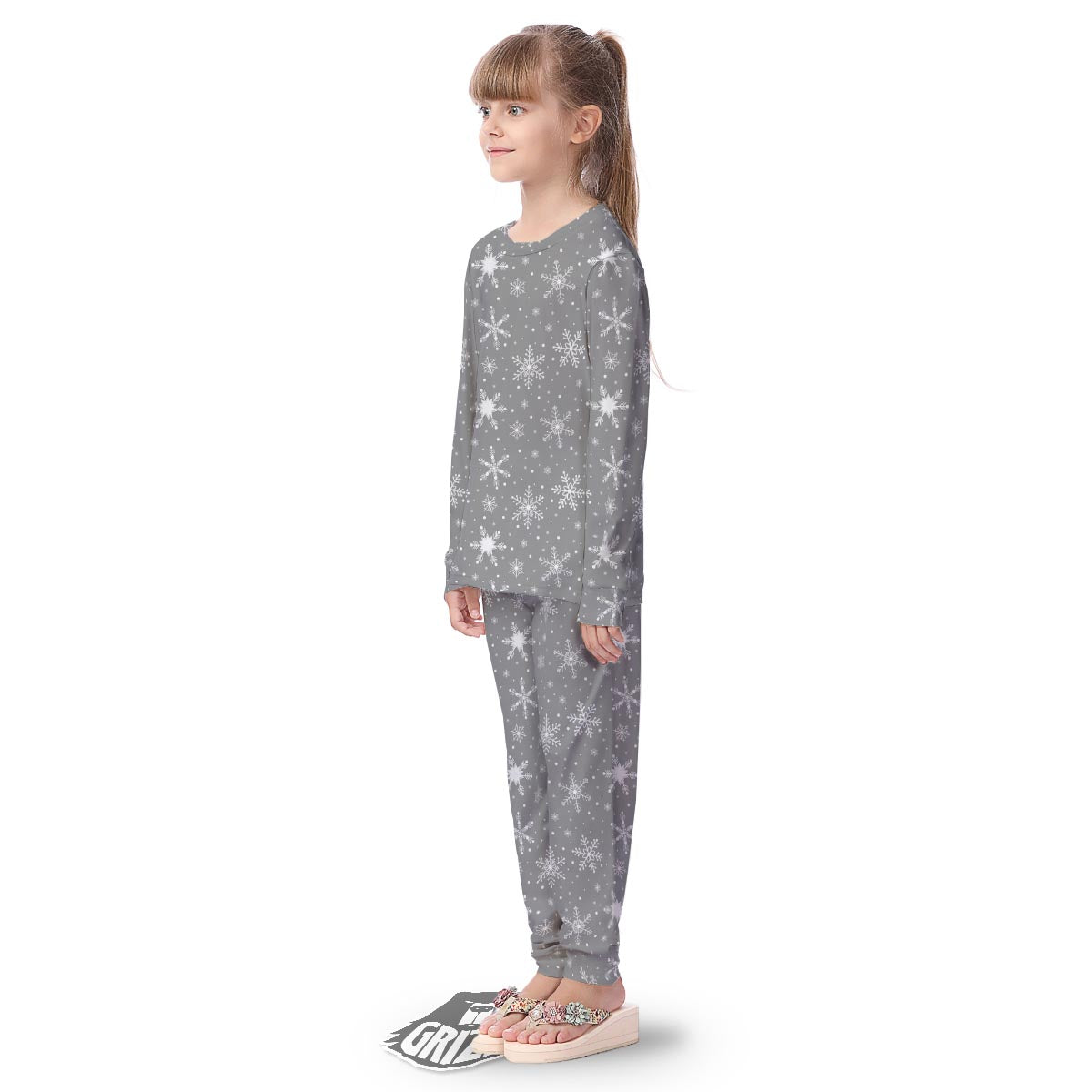 White Snowflake And Silver Print Pattern Kid's Pajamas-grizzshop