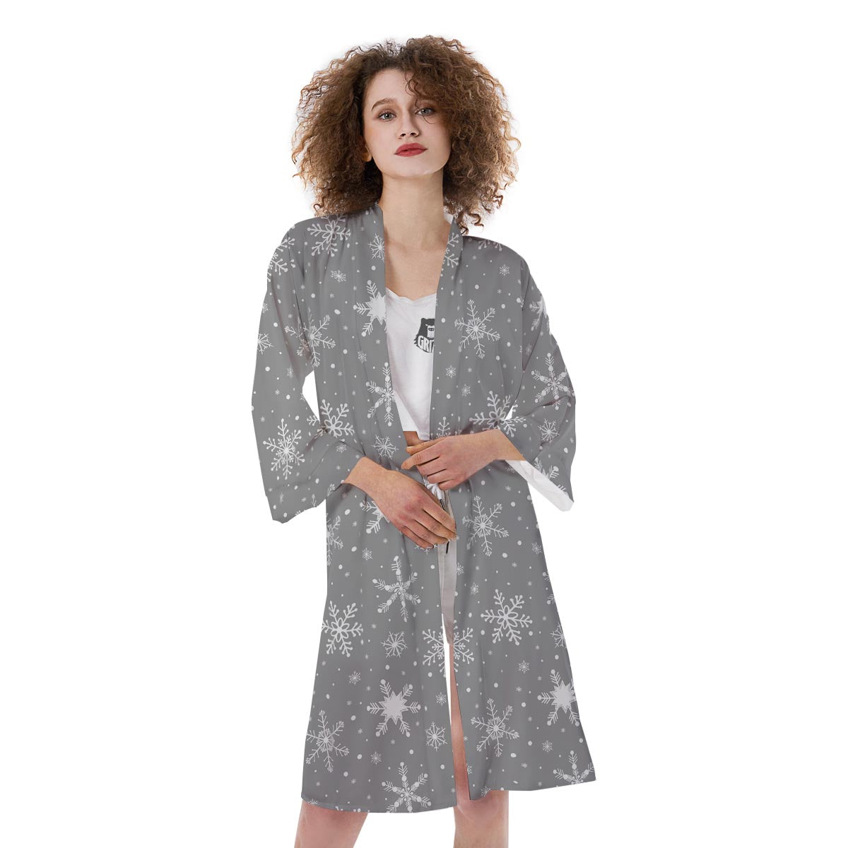 White Snowflake And Silver Print Pattern Kimono-grizzshop