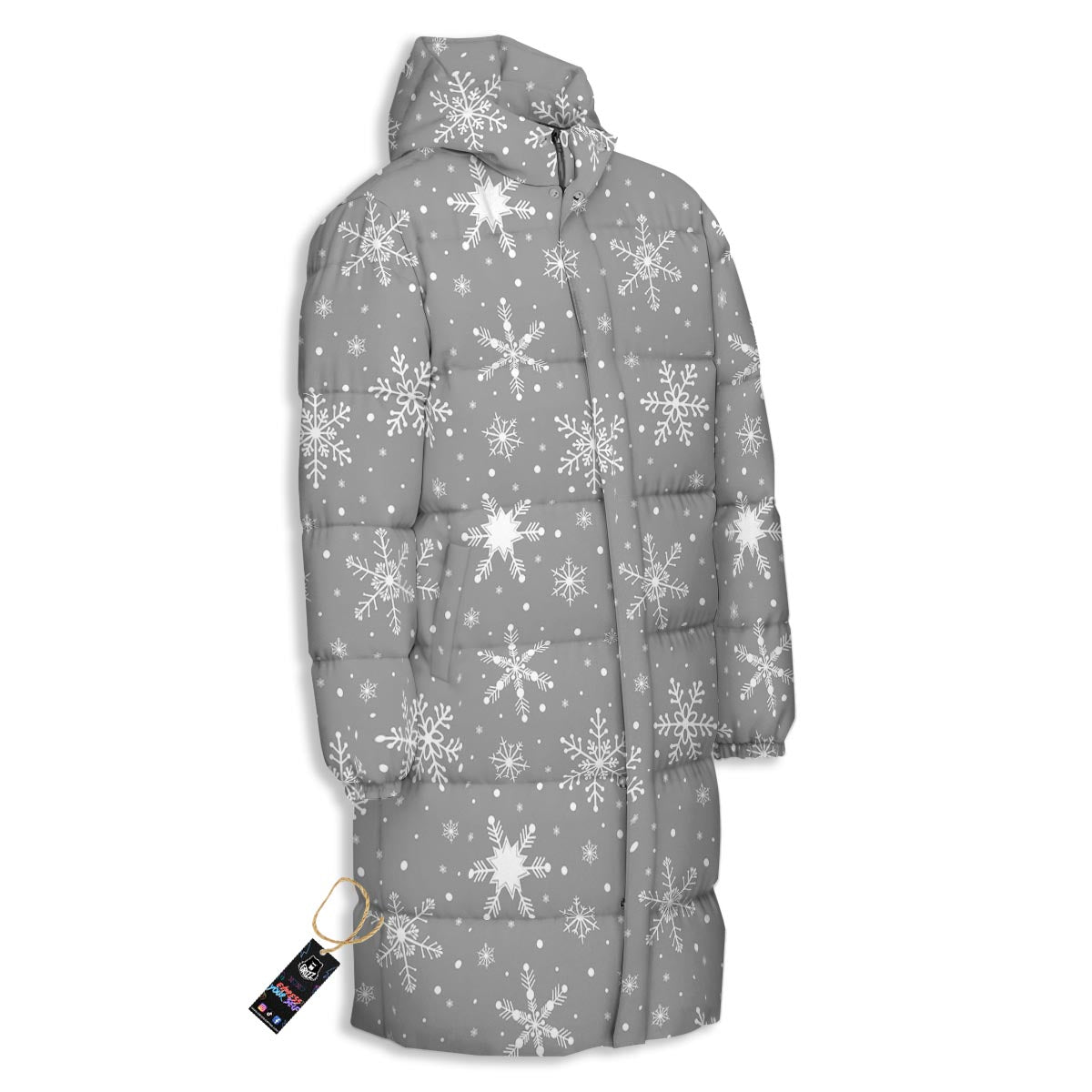 White Snowflake And Silver Print Pattern Long Down Jacket-grizzshop