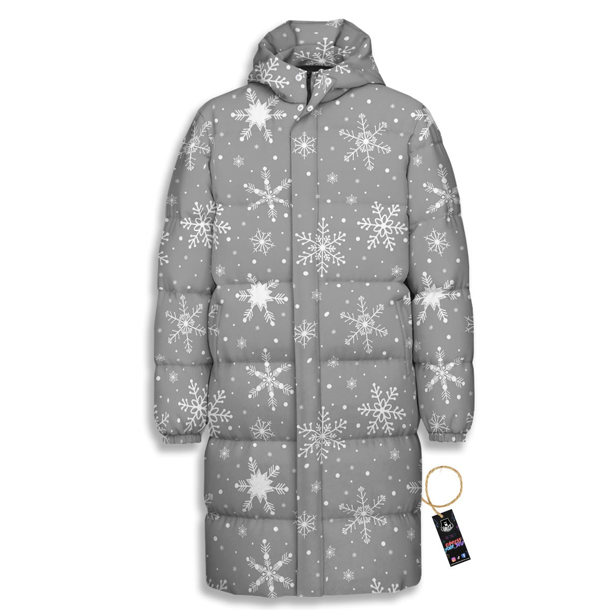 White Snowflake And Silver Print Pattern Long Down Jacket-grizzshop