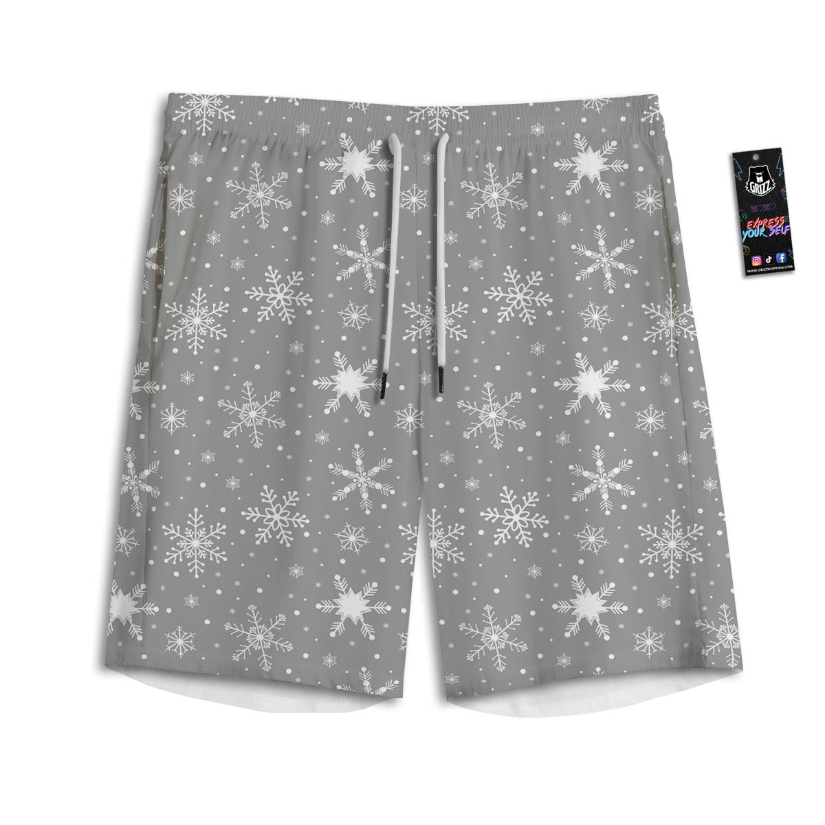 White Snowflake And Silver Print Pattern Men's Athletic Shorts