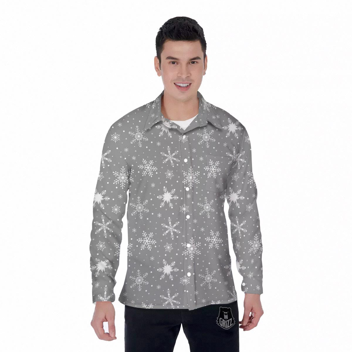 White Snowflake And Silver Print Pattern Men's Long Sleeve Shirts-grizzshop