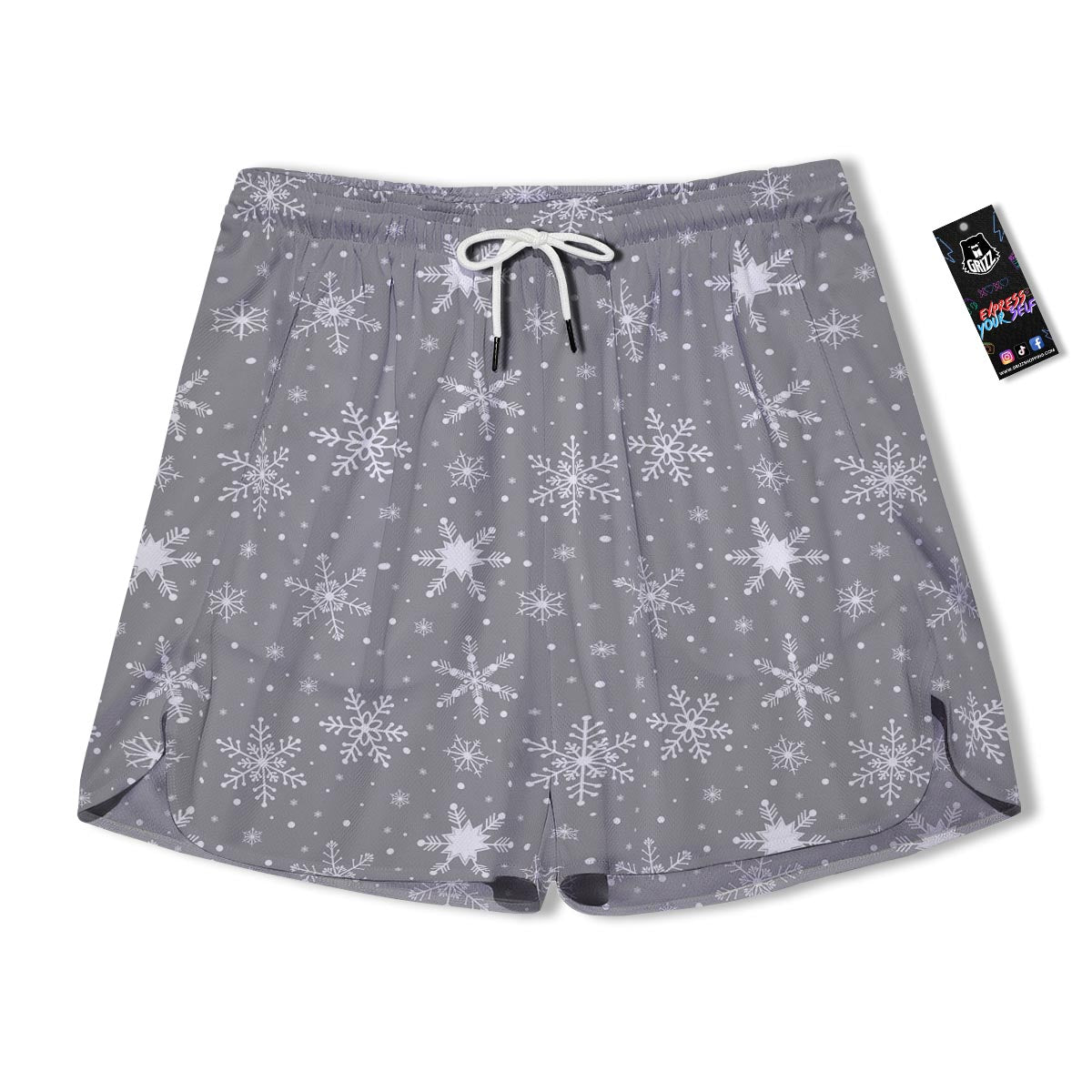 White Snowflake And Silver Print Pattern Men's Running Shorts-grizzshop