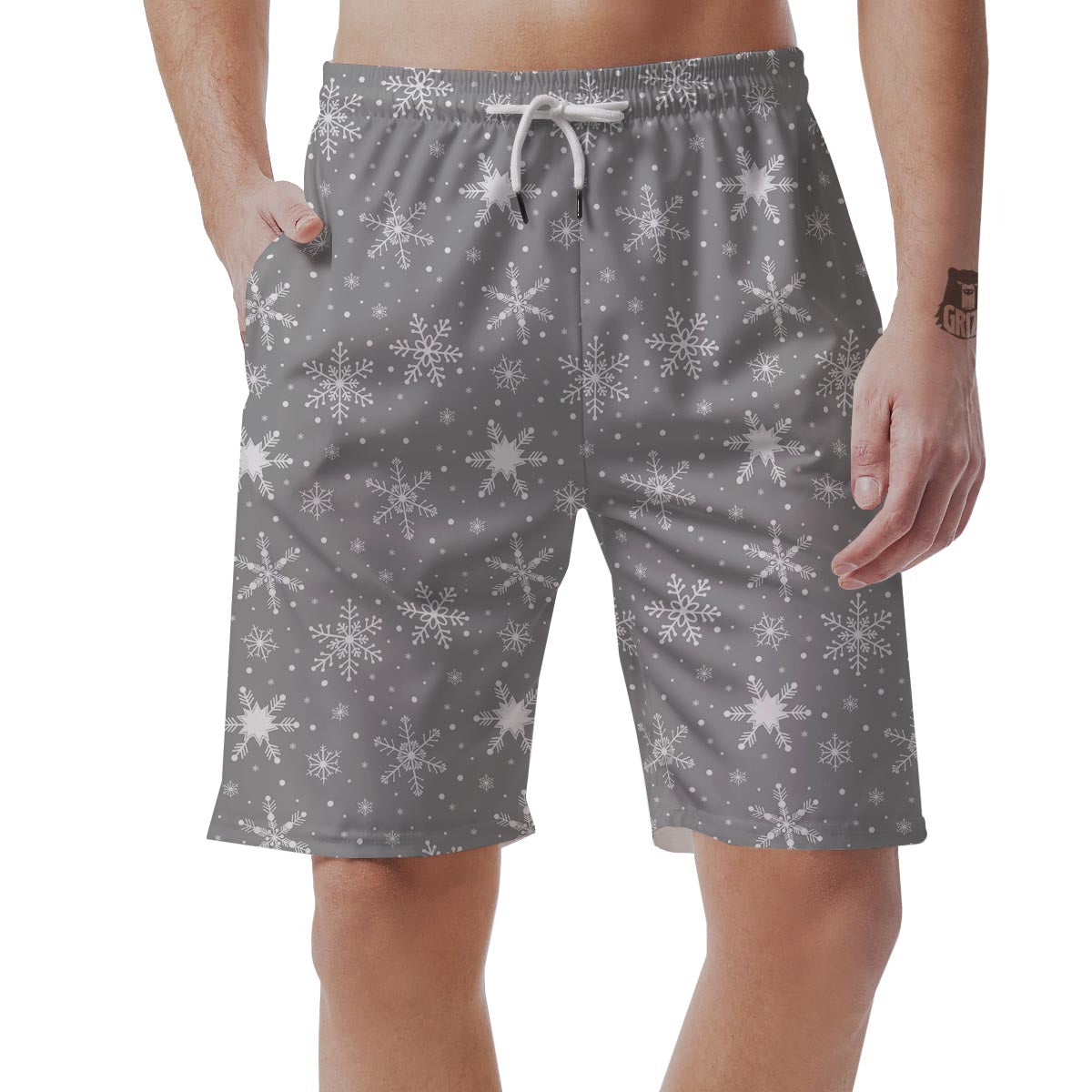 White Snowflake And Silver Print Pattern Men's Shorts-grizzshop