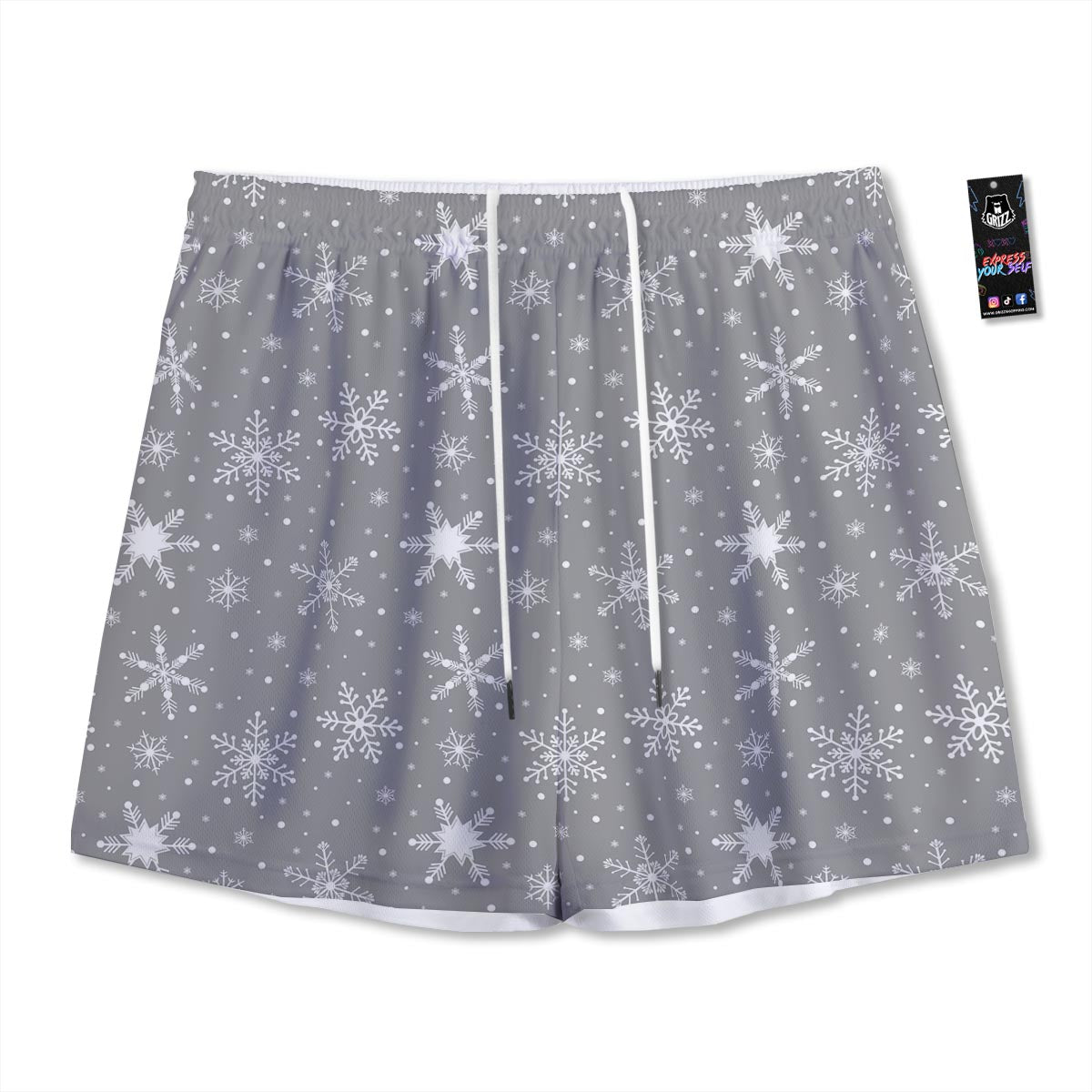 White Snowflake And Silver Print Pattern Mesh Shorts