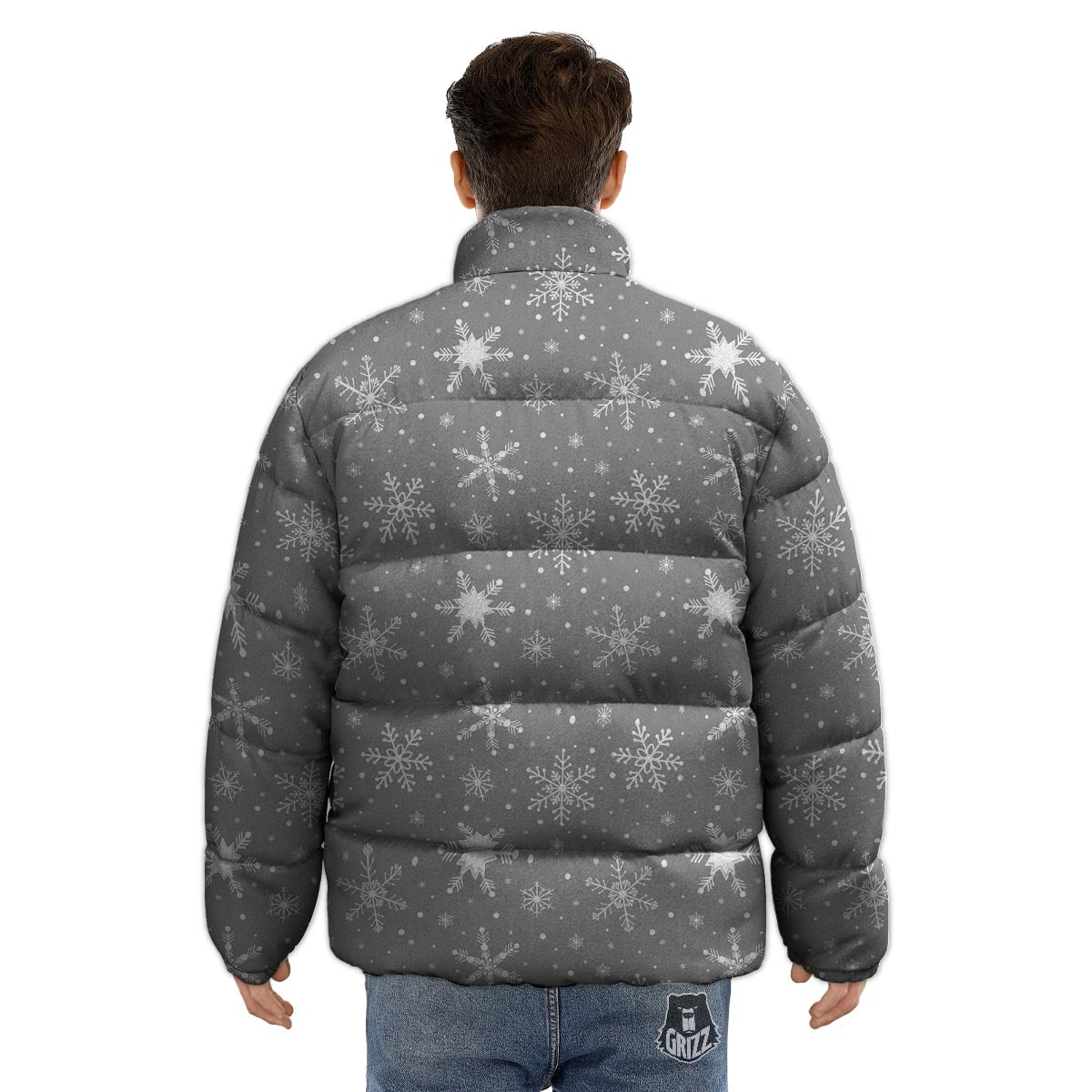 White Snowflake And Silver Print Pattern Puffer Jacket-grizzshop