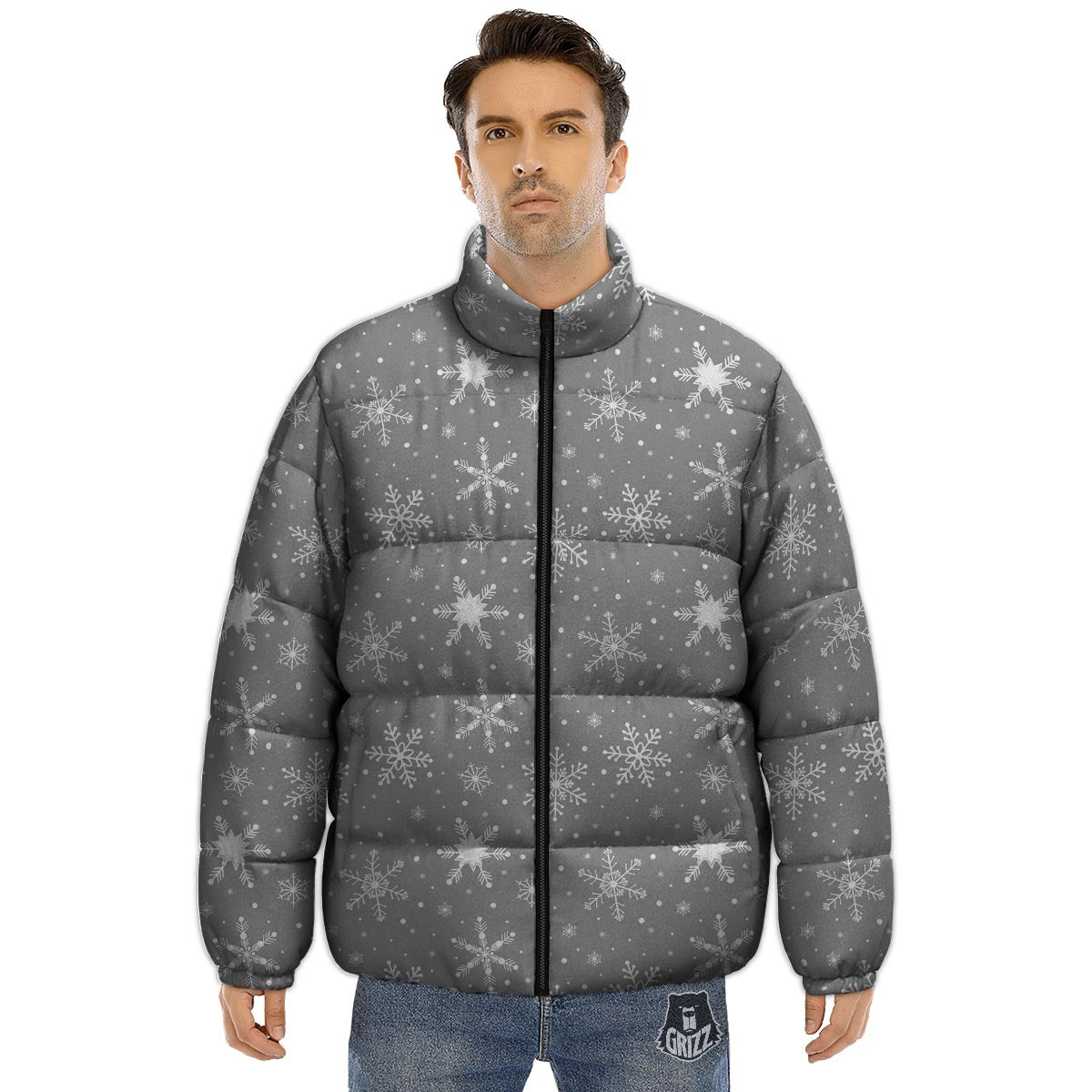 White Snowflake And Silver Print Pattern Puffer Jacket-grizzshop
