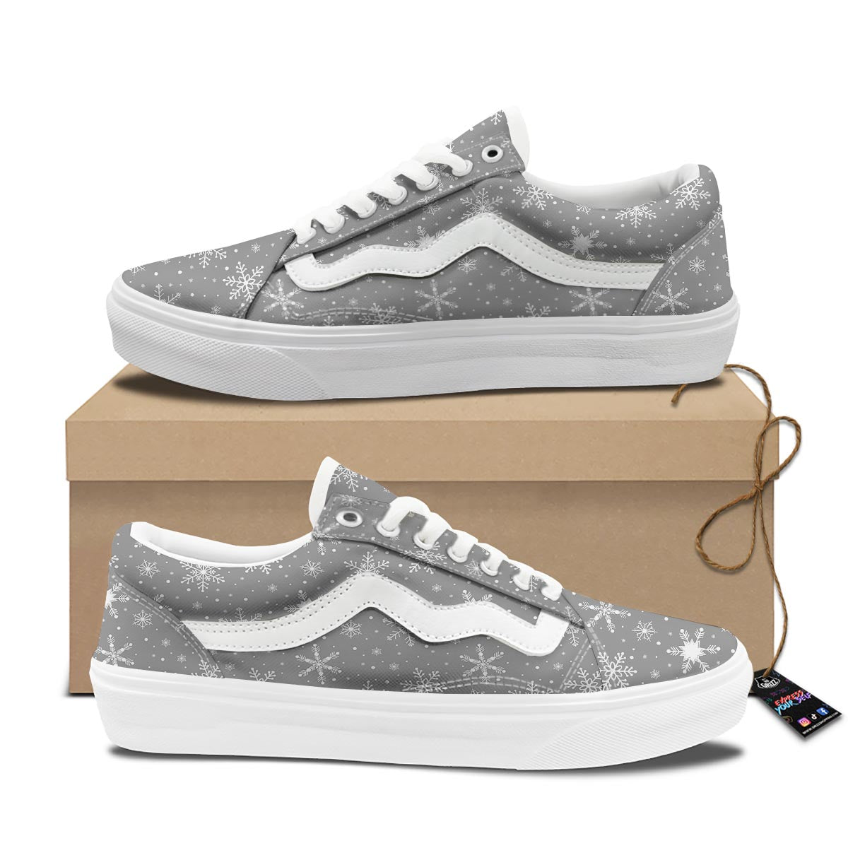 White Snowflake And Silver Print Pattern Skate Shoes-grizzshop