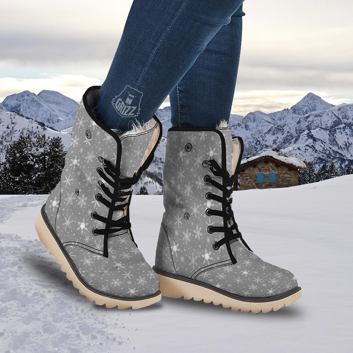 White Snowflake And Silver Print Pattern Snow Boots-grizzshop