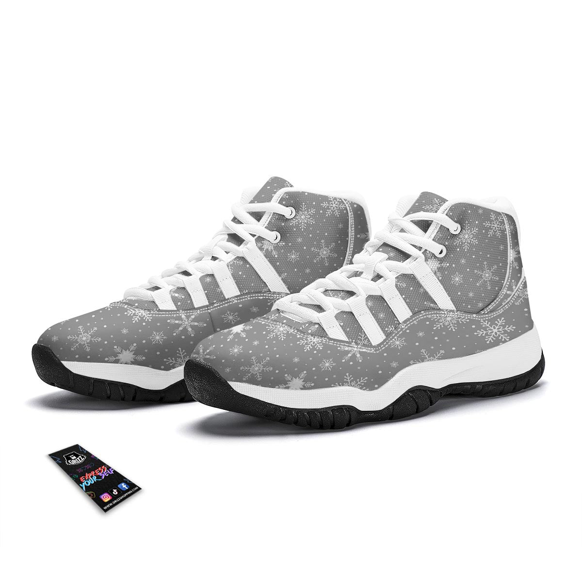 White Snowflake And Silver Print Pattern White Bball Shoes-grizzshop