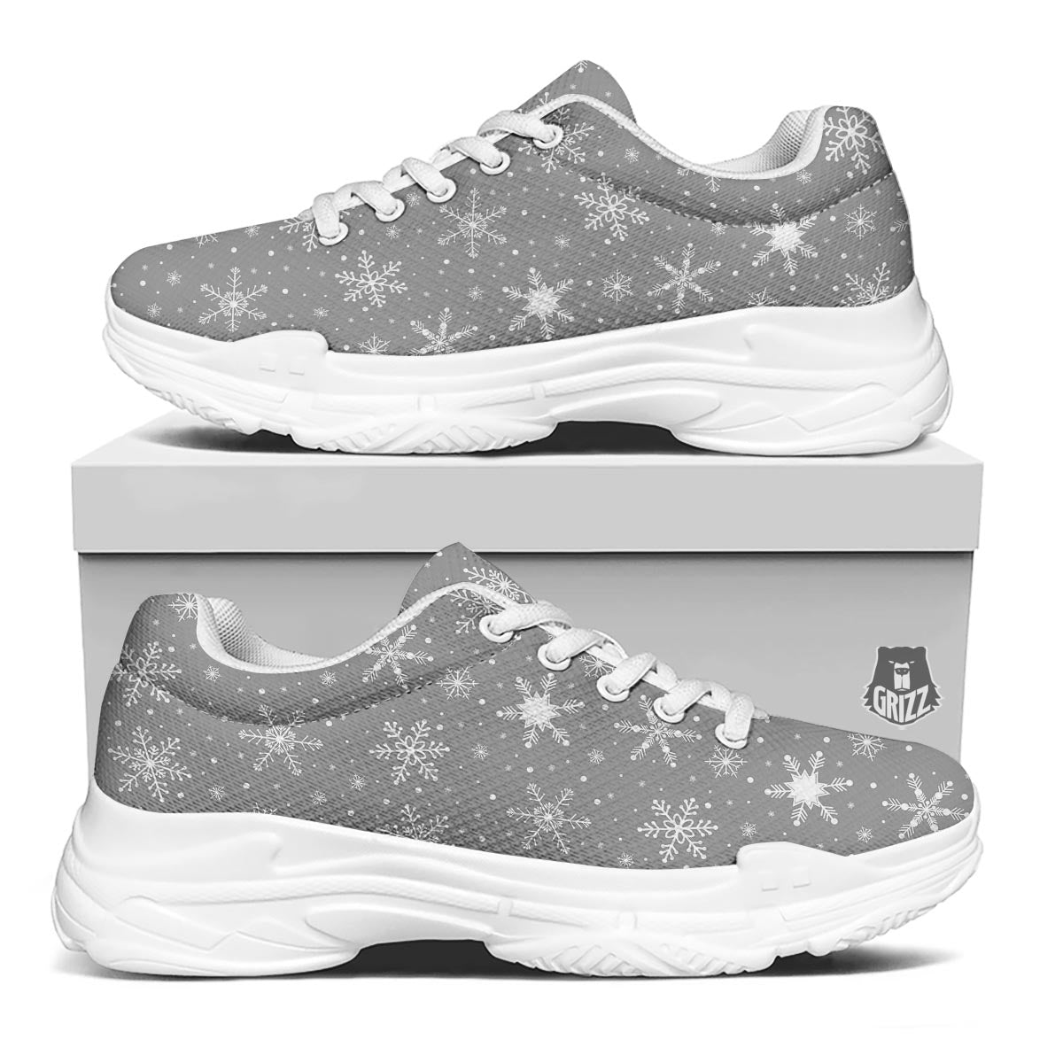 White Snowflake And Silver Print Pattern White Chunky Shoes-grizzshop