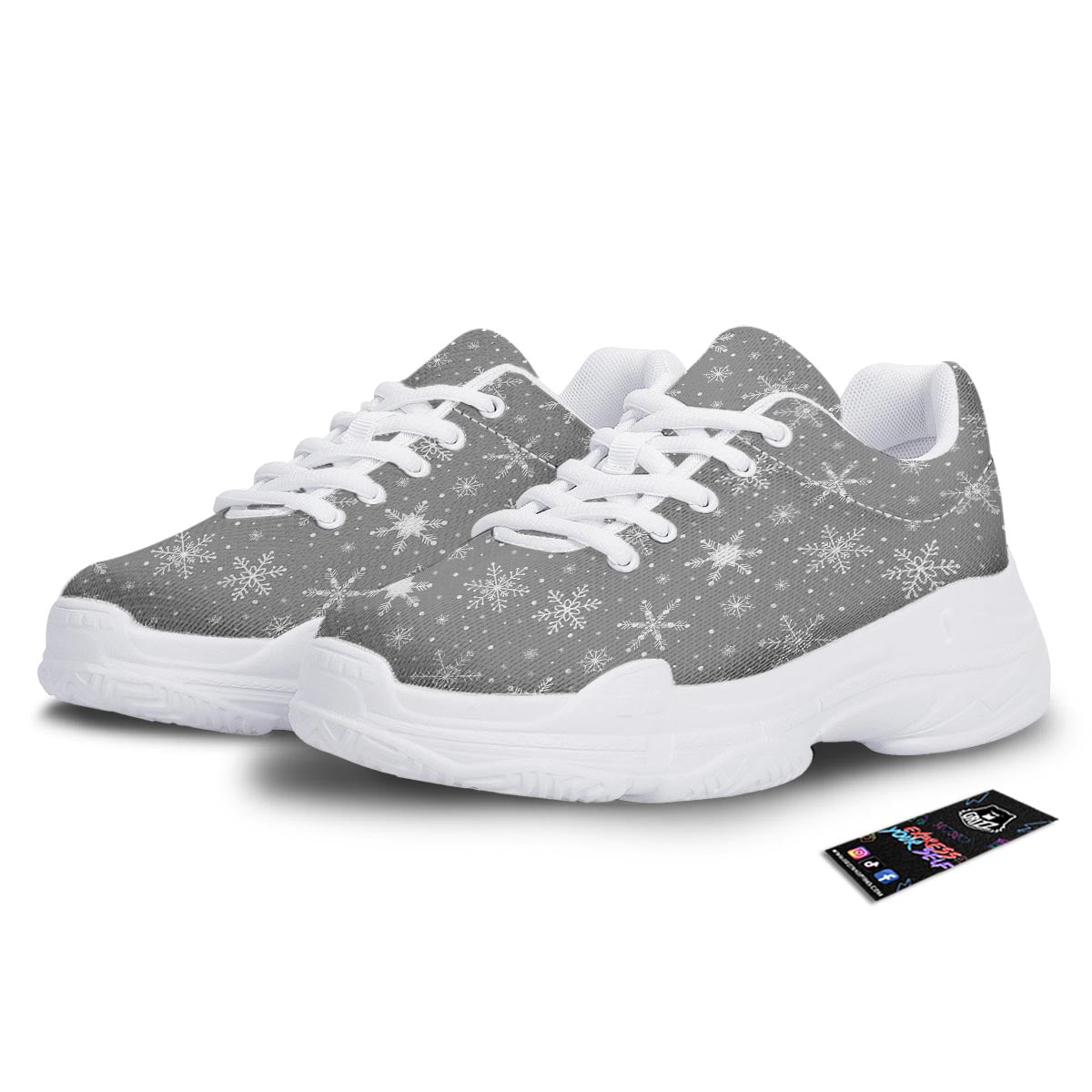 White Snowflake And Silver Print Pattern White Chunky Shoes-grizzshop