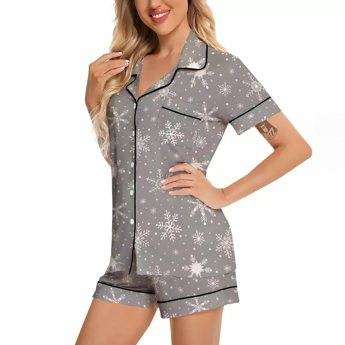 White Snowflake And Silver Print Pattern Women Silk Pajamas-grizzshop