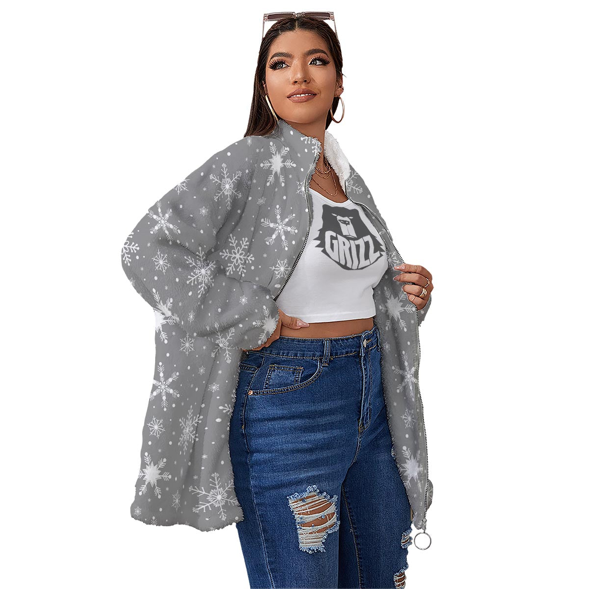 White Snowflake And Silver Print Pattern Women's Sherpa Jacket-grizzshop