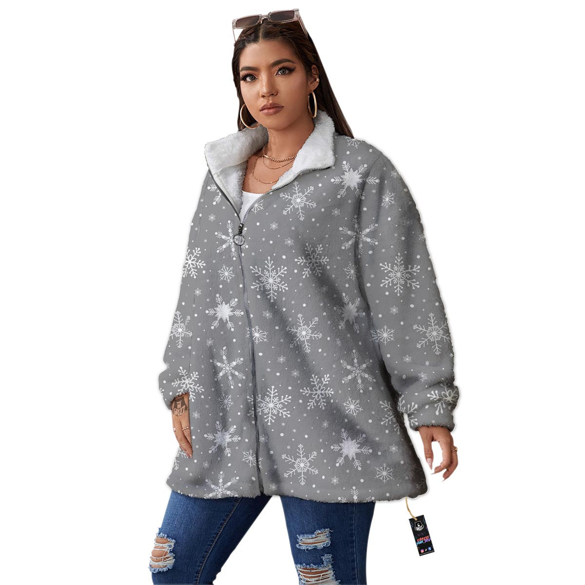 White Snowflake And Silver Print Pattern Women's Sherpa Jacket-grizzshop