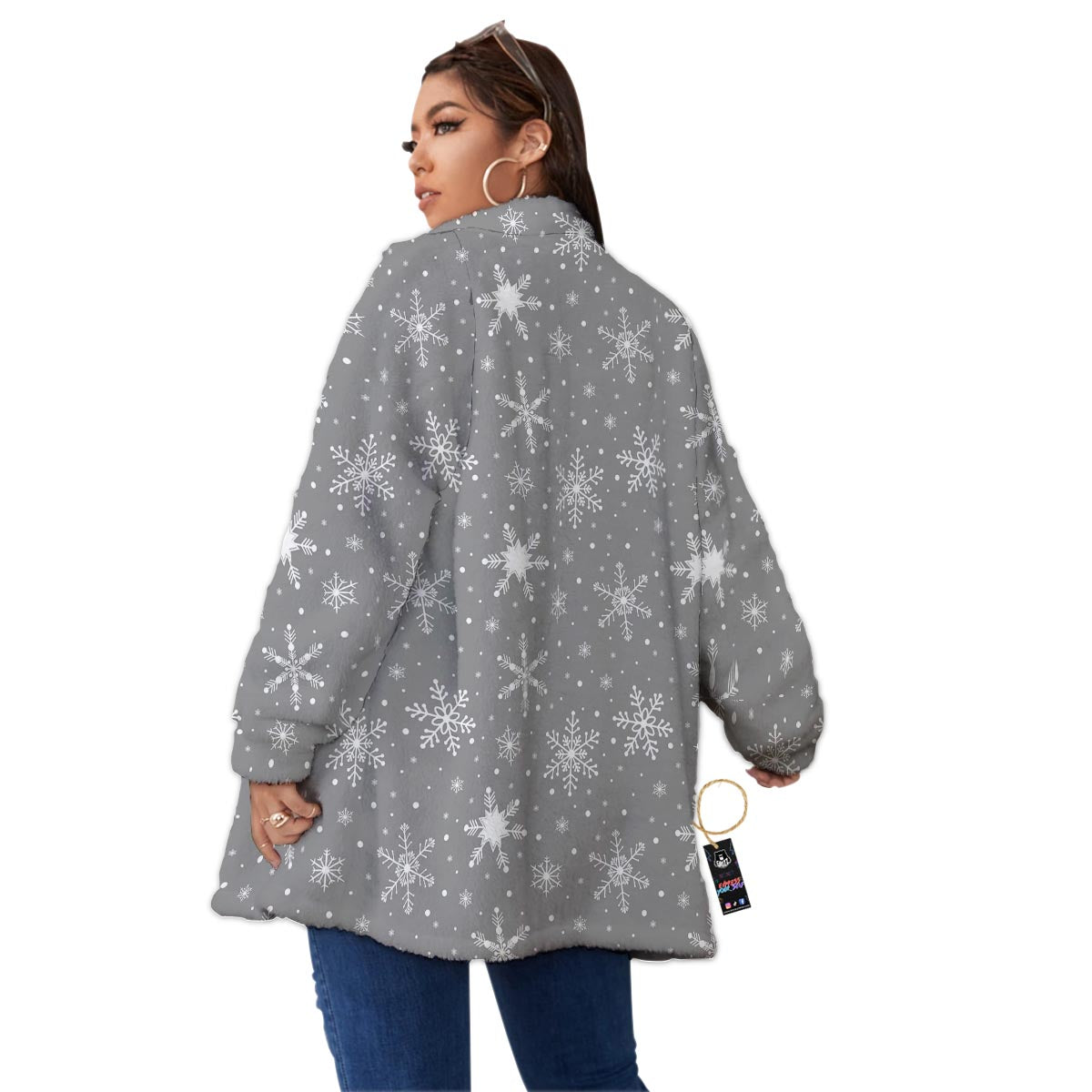 White Snowflake And Silver Print Pattern Women's Sherpa Jacket-grizzshop