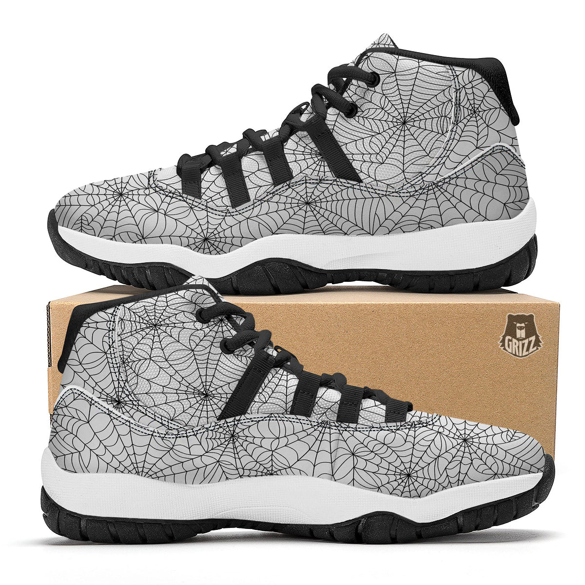 White Spider Web Pattern Print Black Bball Shoes-grizzshop