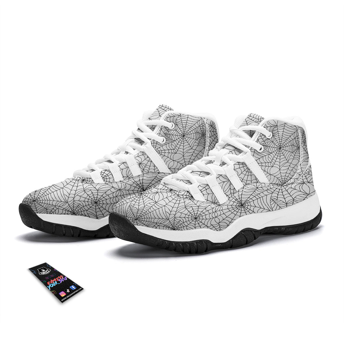 White Spider Web Pattern Print White Bball Shoes-grizzshop