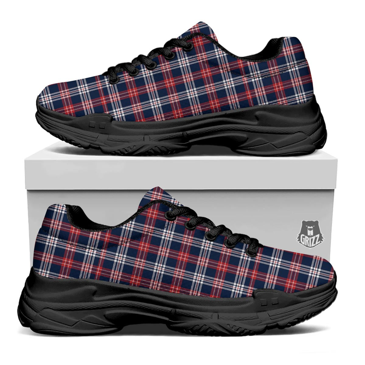 White Tartan And Blue Red Print Pattern Black Chunky Shoes-grizzshop