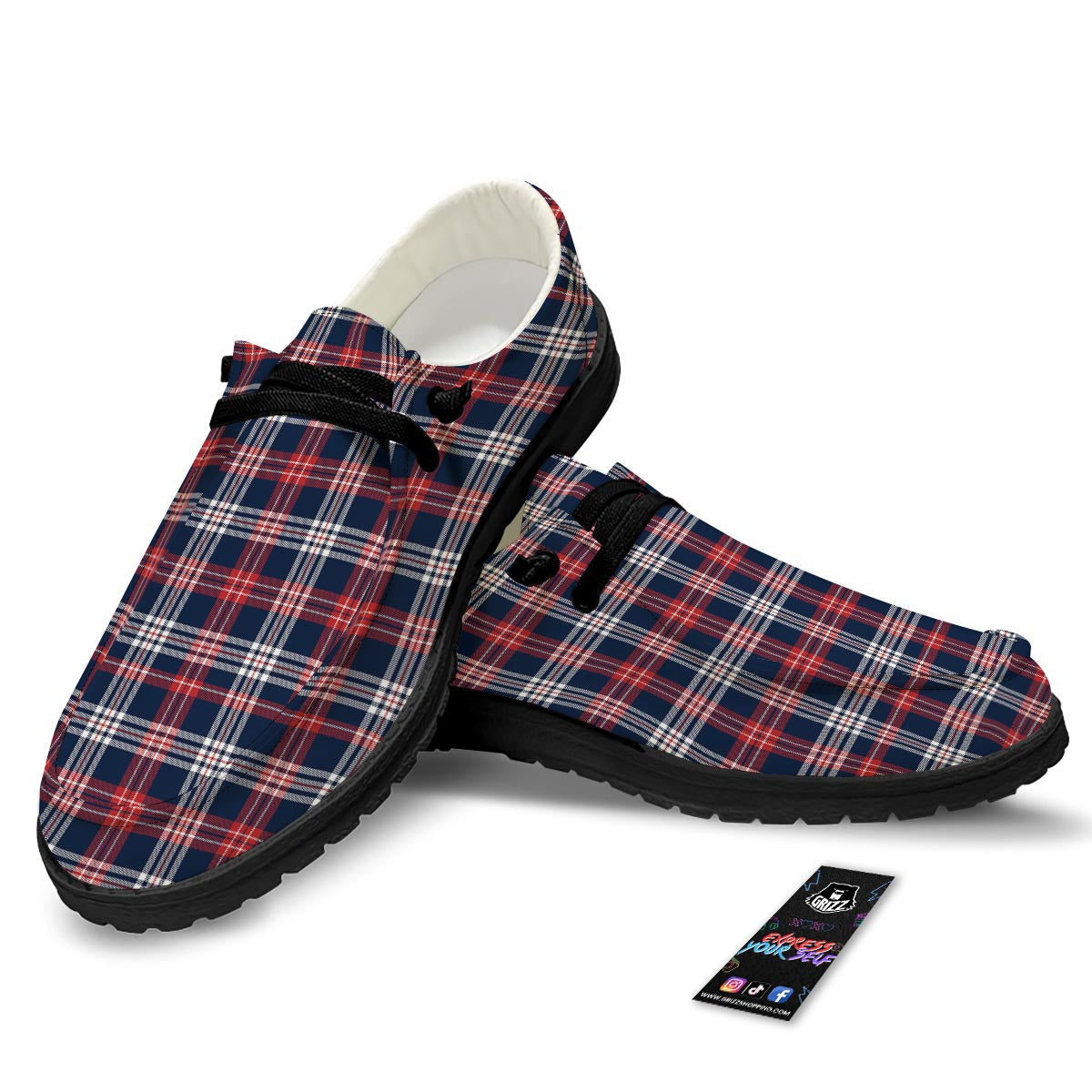 White Tartan And Blue Red Print Pattern Black Loafers-grizzshop