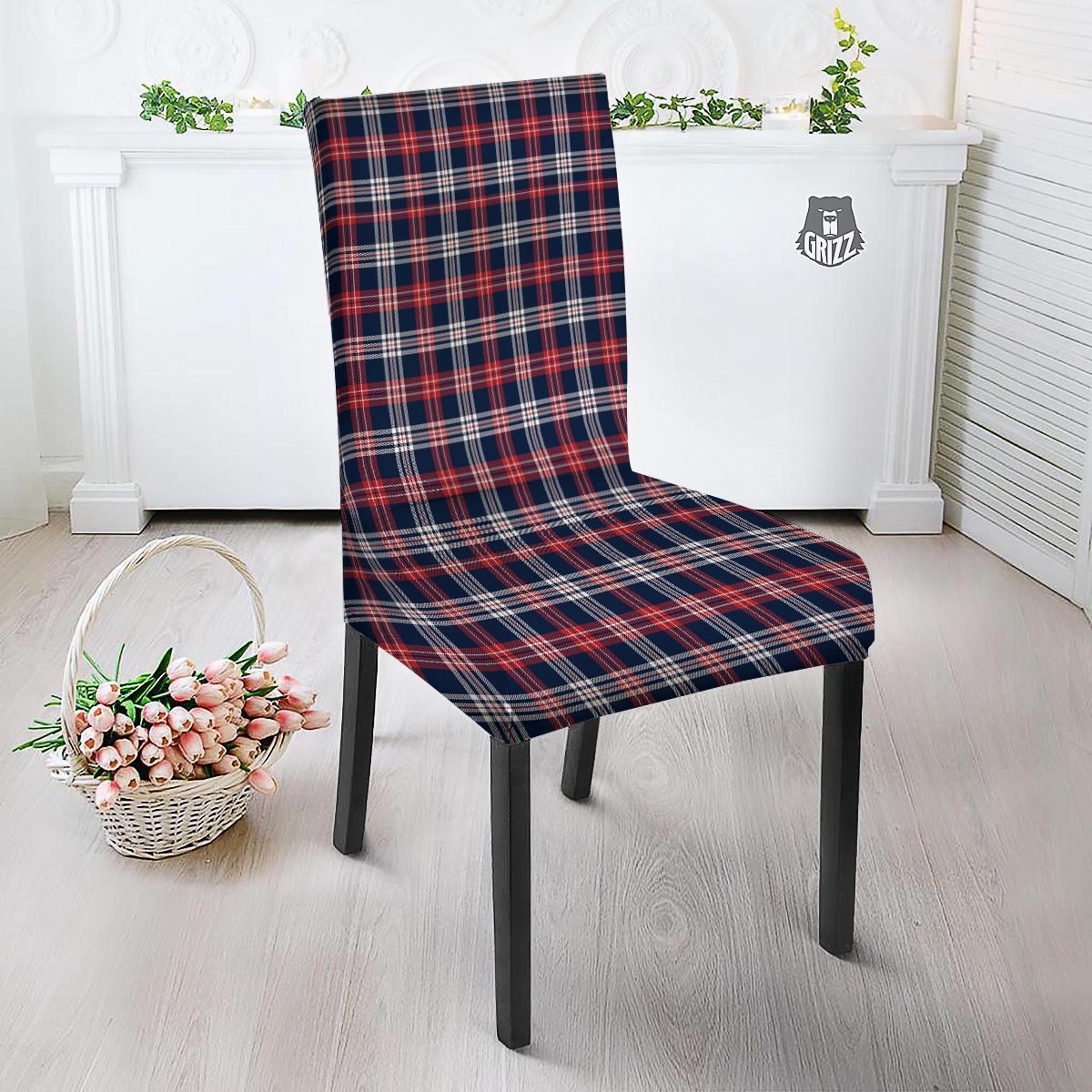 White Tartan And Blue Red Print Pattern Dining Chair Slipcover-grizzshop