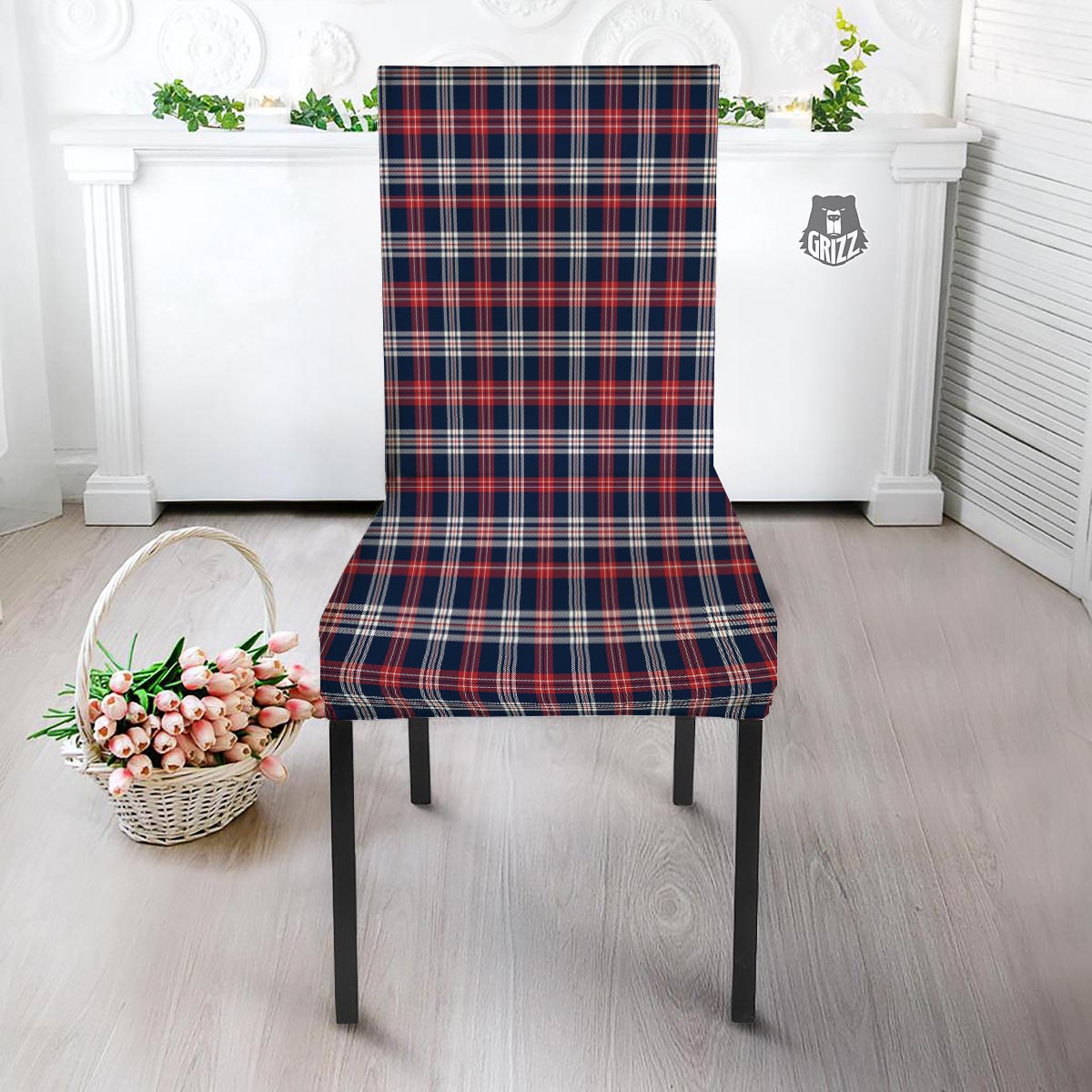 White Tartan And Blue Red Print Pattern Dining Chair Slipcover-grizzshop