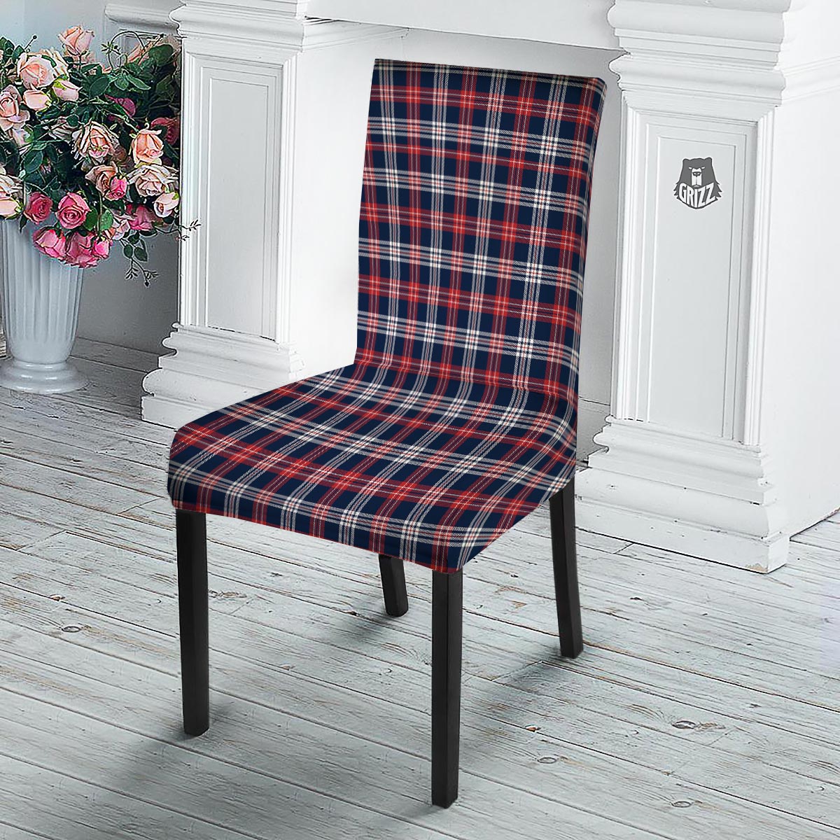 White Tartan And Blue Red Print Pattern Dining Chair Slipcover-grizzshop