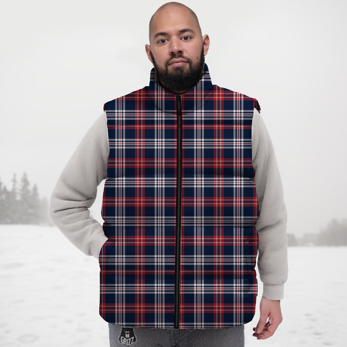 White Tartan And Blue Red Print Pattern Down Vest