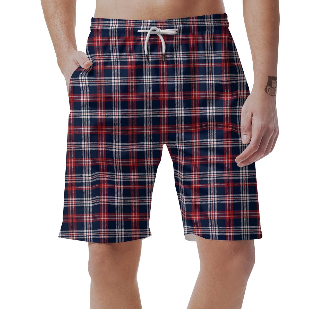 White Tartan And Blue Red Print Pattern Men's Shorts-grizzshop