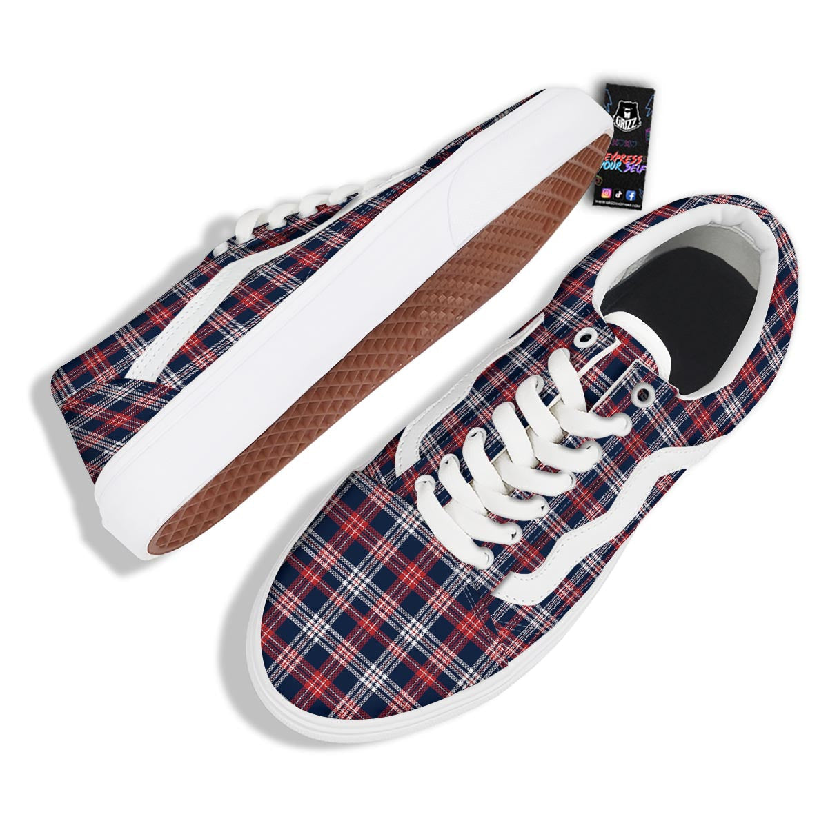 White Tartan And Blue Red Print Pattern Skate Shoes-grizzshop