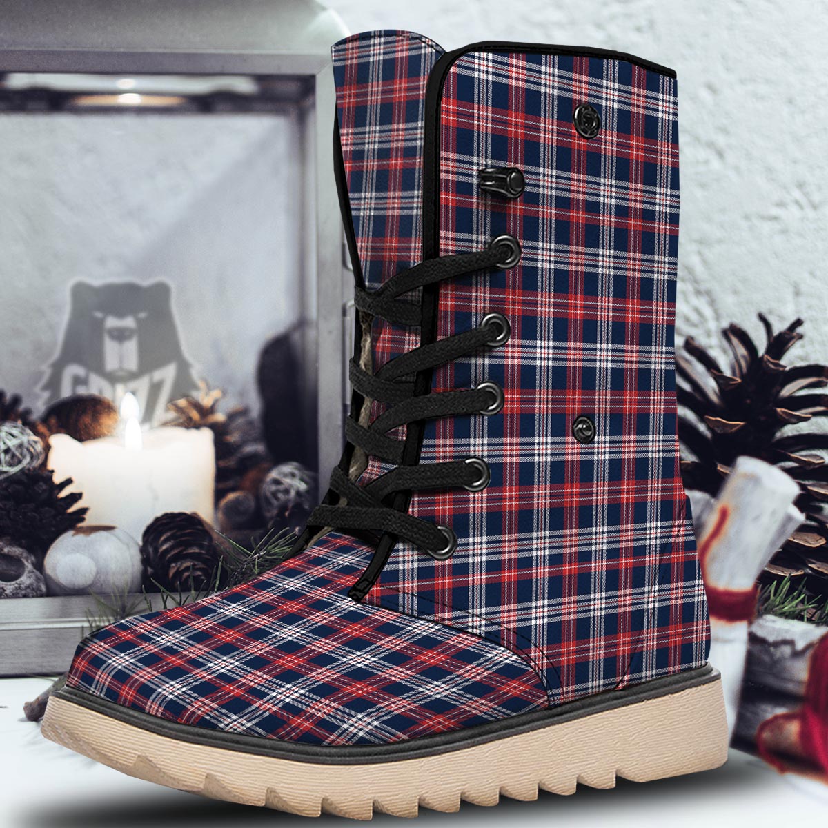 White Tartan And Blue Red Print Pattern Snow Boots-grizzshop