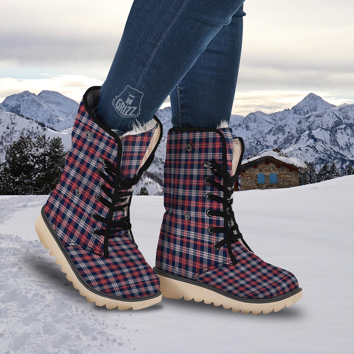 White Tartan And Blue Red Print Pattern Snow Boots-grizzshop