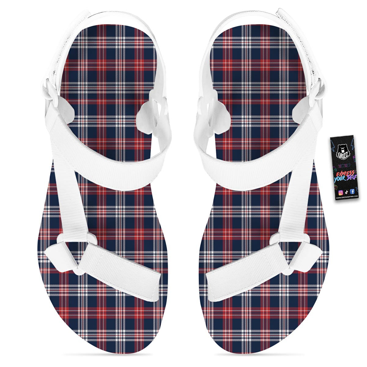 White Tartan And Blue Red Print Pattern White Open Toe Sandals-grizzshop