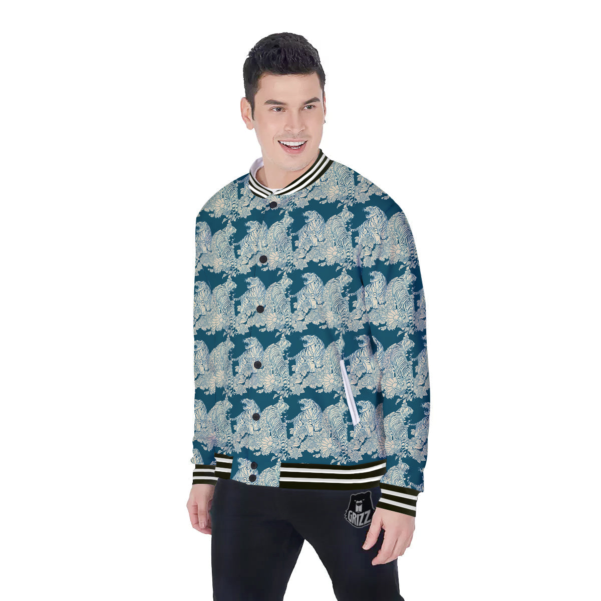 White Tiger Japanese Print Pattern Baseball Jacket-grizzshop